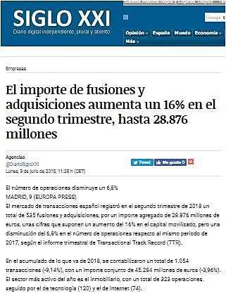 El importe de fusiones y adquisiciones aumenta un 16% en el segundo trimestre, hasta 28.876 millones